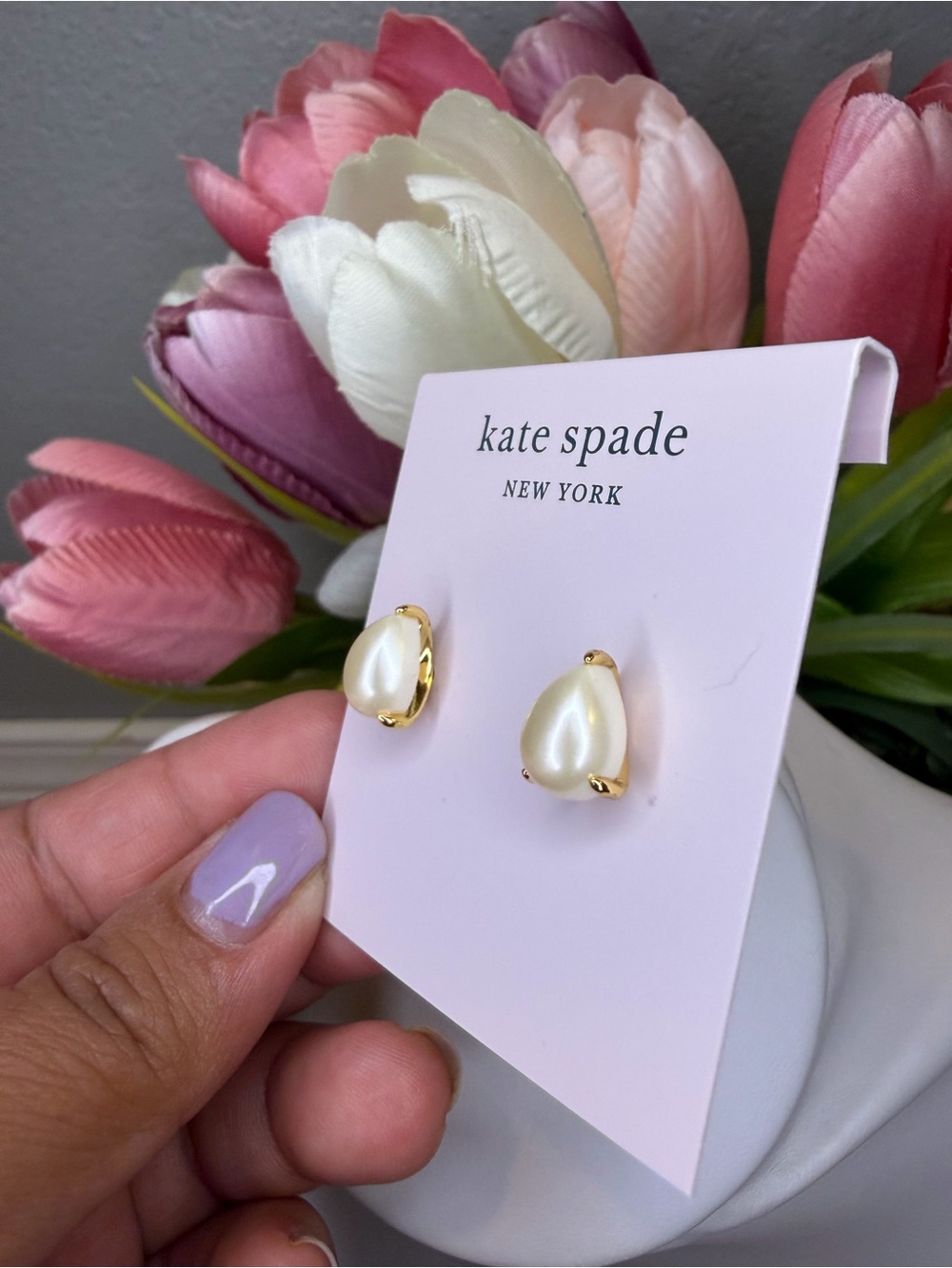 kate spade Pearl Teardrop Stud Earrings - Cream with Gold Accents - Picture 2 of 4